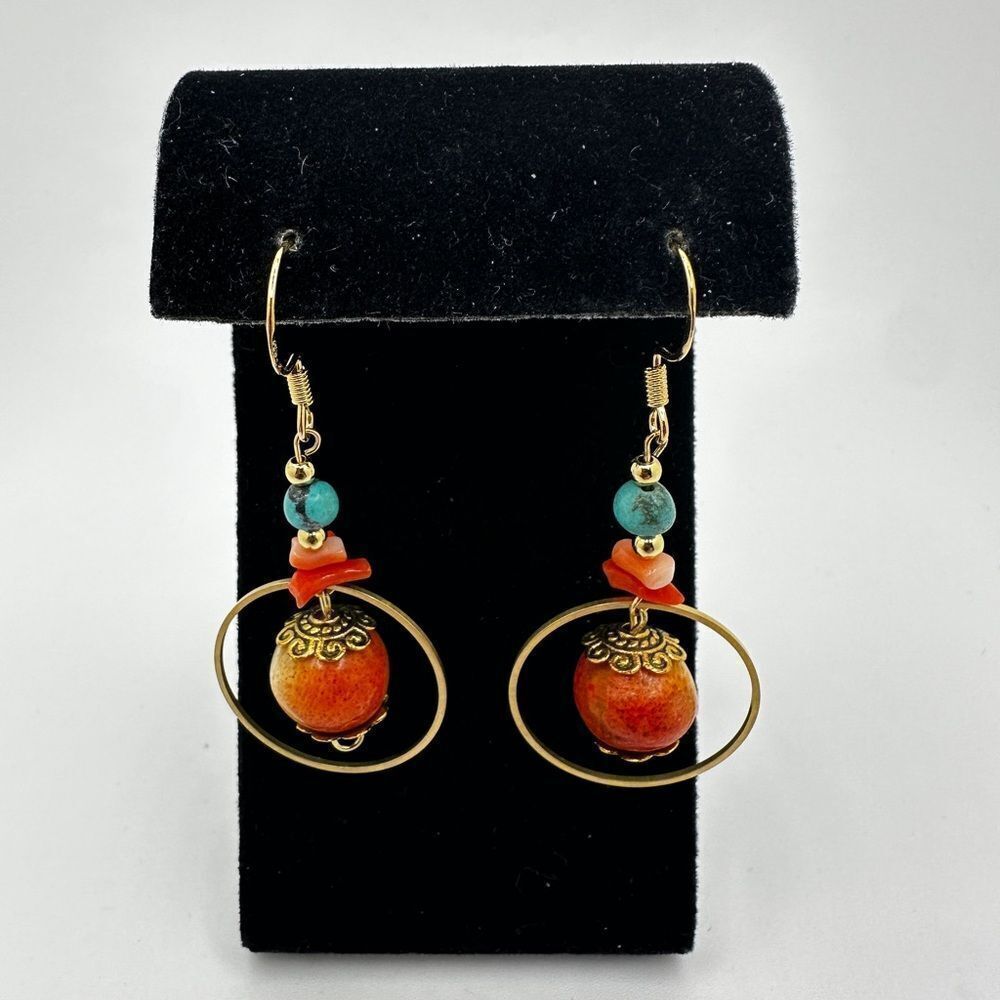 ~2.5" NWOT three types of coral and turquoise bead accent earrings w/ 925 hooks!